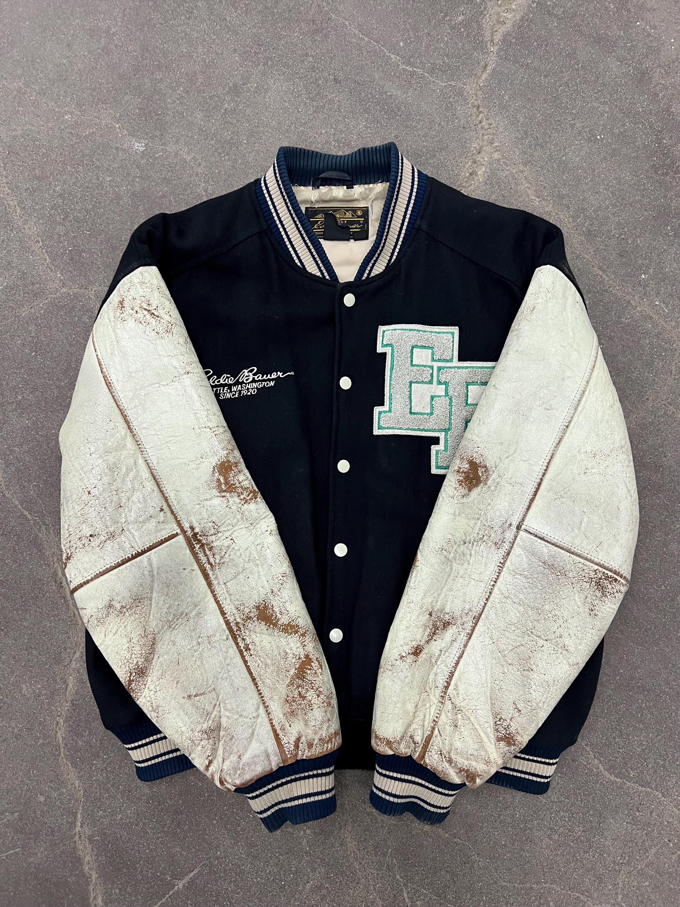 ジャケット・アウター 80s Eddie Bauer short wool bomber jacket Vintage 1980's/1990's Eddie Bauer Wool & Leather Letterman Varsity
