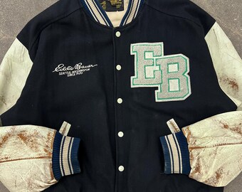 Vintage 1980's/1990's Eddie Bauer Wool & Leather Letterman Varsity