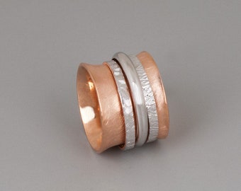 Rose Gold Sterling Silver Spinner Ring, Chunky Spinner Ring, Rose Gold Spinner Ring, Large Statement Ring, Wide Spin Ring, Mixed Metal Ring