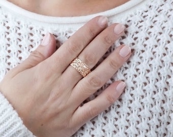 Rose Gold Band Ring, Chunky Ring, Womens Ring, Wide Wedding Band, Unique Ring, Sterling Silver, Gold, 14K Rose Gold Ring, Hammered Ring