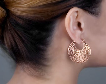 Rose Gold Filigree Earrings, Rose Gold Hoop Earrings, Bohemian Earrings, Large Earrings, Gold, Sterling Silver, 14K Rose Gold Earrings Lace