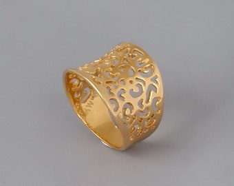 Gold Filigree Ring, Wide Ring, Womens Ring, Large Ring, Chunky Ring, Lace Ring, Sterling Silver, Rose Gold, Ancient Style Ring, 14K Gold