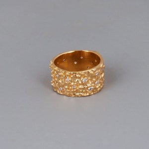 Wide Engagement Ring, Gold Ring, Organic Ring, Zircon Ring, Fake Diamond Ring, Modern Minimal Ring, CZ Ring, Rose Gold, 14K Gold Band Ring