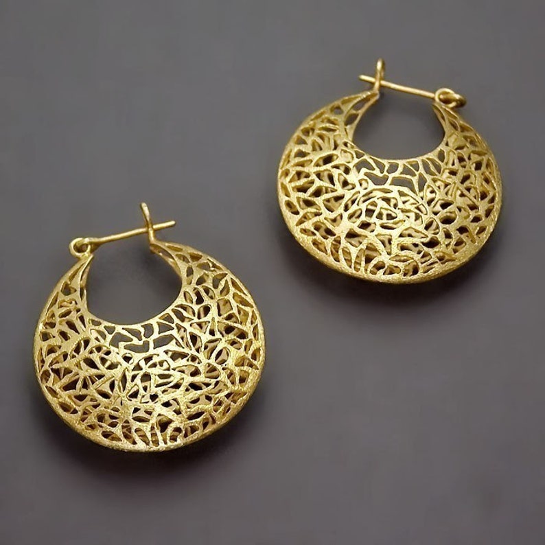 Gold Filigree Hoop Earrings, Large Lace Earrings, Tribal Earring, Bohemian Hoop Earrings, Filigree Earrings, Boho Chunky Earrings, 14K Gold image 5