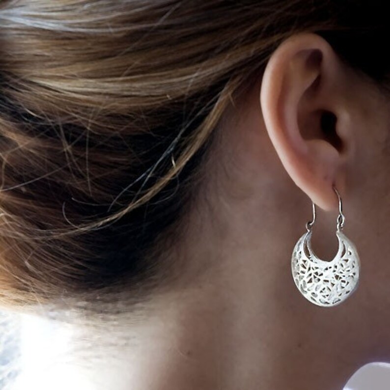 Sterling Silver Filigree Earrings, Moroccan Earrings, Boho Earrings, Geometric Earring, Silver Lace Earring, Gold, Rose Gold, 14K White Gold image 1