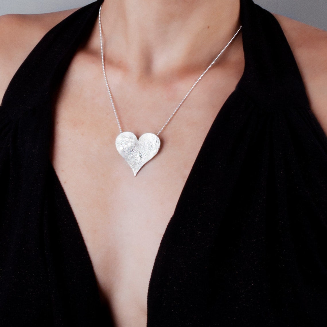 Large Heart Necklace Sterling Silver Heart Necklace Large Etsy