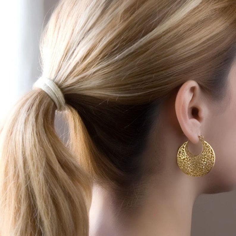 Gold Filigree Hoop Earrings, Large Lace Earrings, Tribal Earring, Bohemian Hoop Earrings, Filigree Earrings, Boho Chunky Earrings, 14K Gold image 1