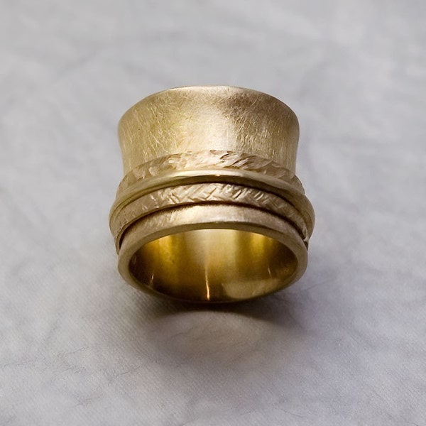 Gold Coated Brass Wide Spinner Ring, Bohemian Textured Band