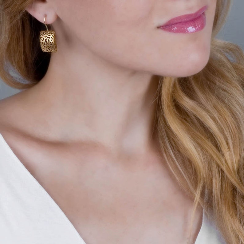 Gold Filigree Earrings, Large Earrings, Simple Victorian Earrings, Filigree Lace Earrings, Rose Gold, Sterling Silver, Delicate Boho Earring image 2