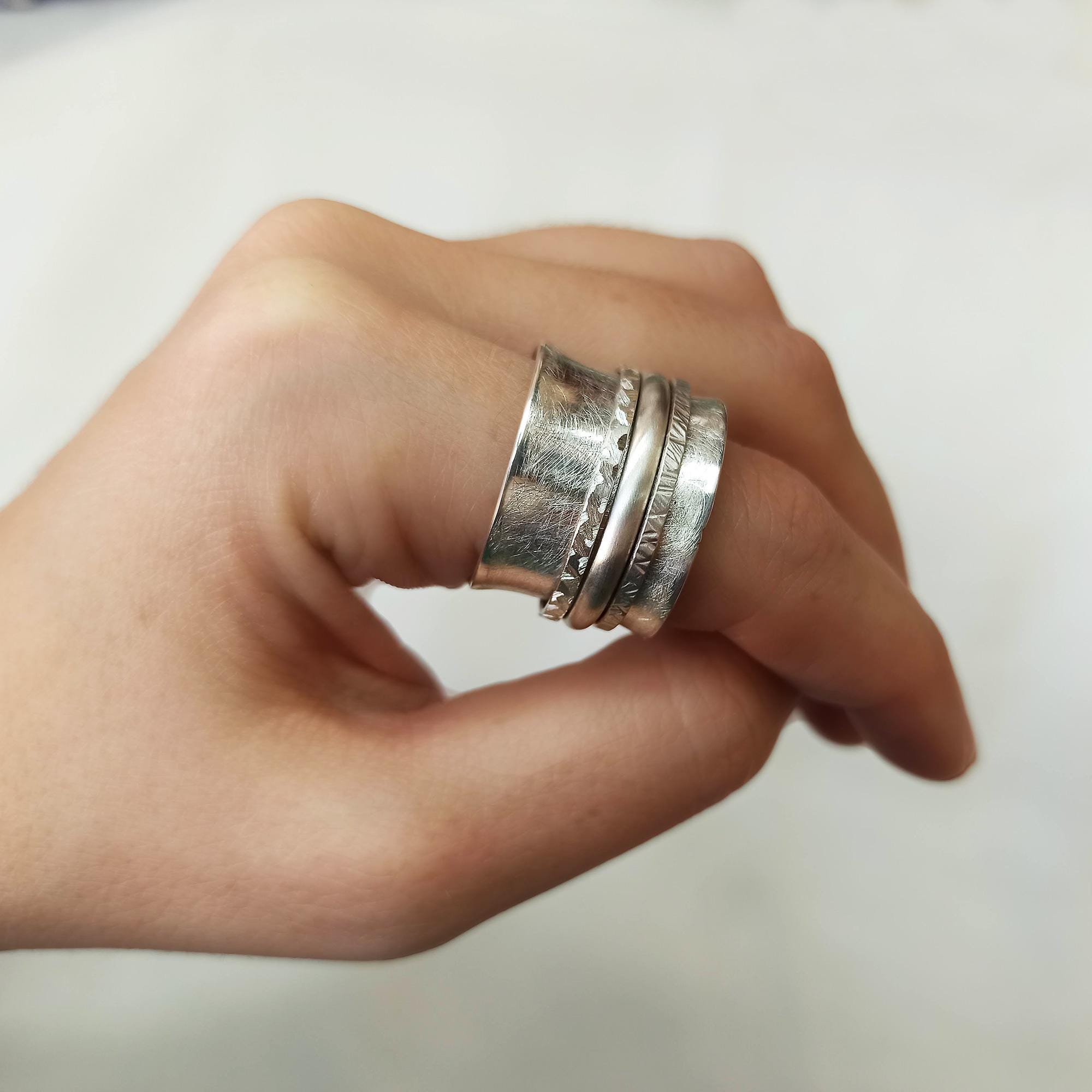 Sterling Silver Wide Spinner Ring, Hammered Fidget Ring - Etsy