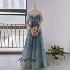 Starry Blue Grey Off Shoulder Princess Dress,Tiered Layers Prom Dress with Train,V Neck Prom Gown,Lace-up Evening Dress,Party Ball Gown