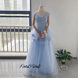 Fairy Sky Blue Princess Dress,Off Shoulder Prom Dress,Floral Beaded Prom Gown,Starry Tiered Layers Lace-up Evening Dress,Party Ball Gown