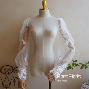 Mangas de casamento de renda com folhas e miçangas, mangas compridas separadas, acessório de casamento, mangas removíveis, mangas transparentes