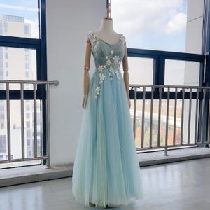 Green Blue Prom Dress With Flowers on Waist,Spaghetti Prom Dress A-line,Fairy Senior Prom Dresses,Lace-up Evening Dress,Party Ball Gown