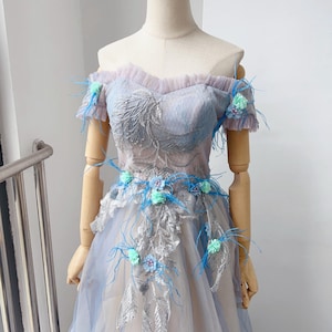 Blue Off Shoulder Prom Dress,Shiny Glitter Prom Dress A-line, Bubble Dress with 3D Lace Applique,Lace-up Evening Dress,Party Ball Gown