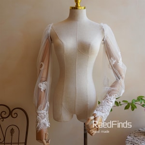 Mangas de casamento de renda com miçangas, mangas compridas separadas, acessório de casamento, mangas removíveis, mangas transparentes