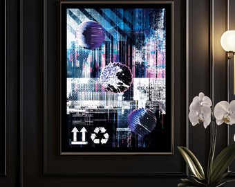 A3 Futuristic Glitch Art Print | Abstract Space Wall Art | Neon Digital Poster | Modern Tech Aesthetic Decor for Gaming Room & Studio
