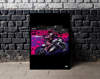 Cyberpunk Motorcycle Poster | Futuristic Biker Wall Art | Sci Fi Anime Print | Gaming Room Decor | Cyberpunk Soldier Art