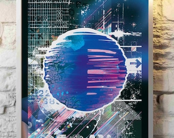 A3 Cyberpunk Abstract Digital Art Print, Glitch Art Poster, Futuristic Wall Art, Retro Sci-Fi Decor