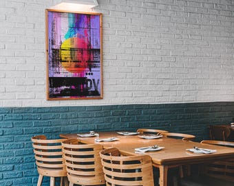 Abstract Geometric Art Print, Neon Glitch Wall Decor, Industrial Futuristic Poster, Graphic Pop Art, Contemporary Home Decor