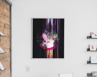 Cyberpunk A3 Poster, Glitch Art Print, Abstract Skull Wall Decor, Futuristic Dystopian Artwork, Digital Decay Decor, Tech Themed Poster
