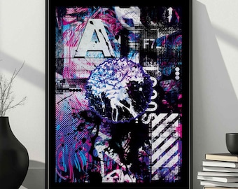 A3 Bold Neon Abstract Wall Art Print | Glitch Art Poster | Modern Grunge Digital Artwork | Vibrant Futuristic Print | Edgy Room Decor