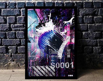 A3 Vibrant Neon Abstract Art Print, Glitch Inspired Digital Poster, Modern Urban Wall Decor, Bold Colorful Home Art