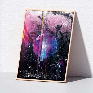 Impresión de arte abstracto ciberpunk, arte mural de planetas con fallas, póster digital futurista, decoración de ciencia ficción en rosa neón y azul, obra de arte con estética vaporwave