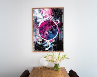 Cyberpunk Abstract Art Print, Neon Graffiti Poster, Vaporwave Aesthetic Wall Art, Futuristic Glitch Decor, Pink Blue Street Art Style