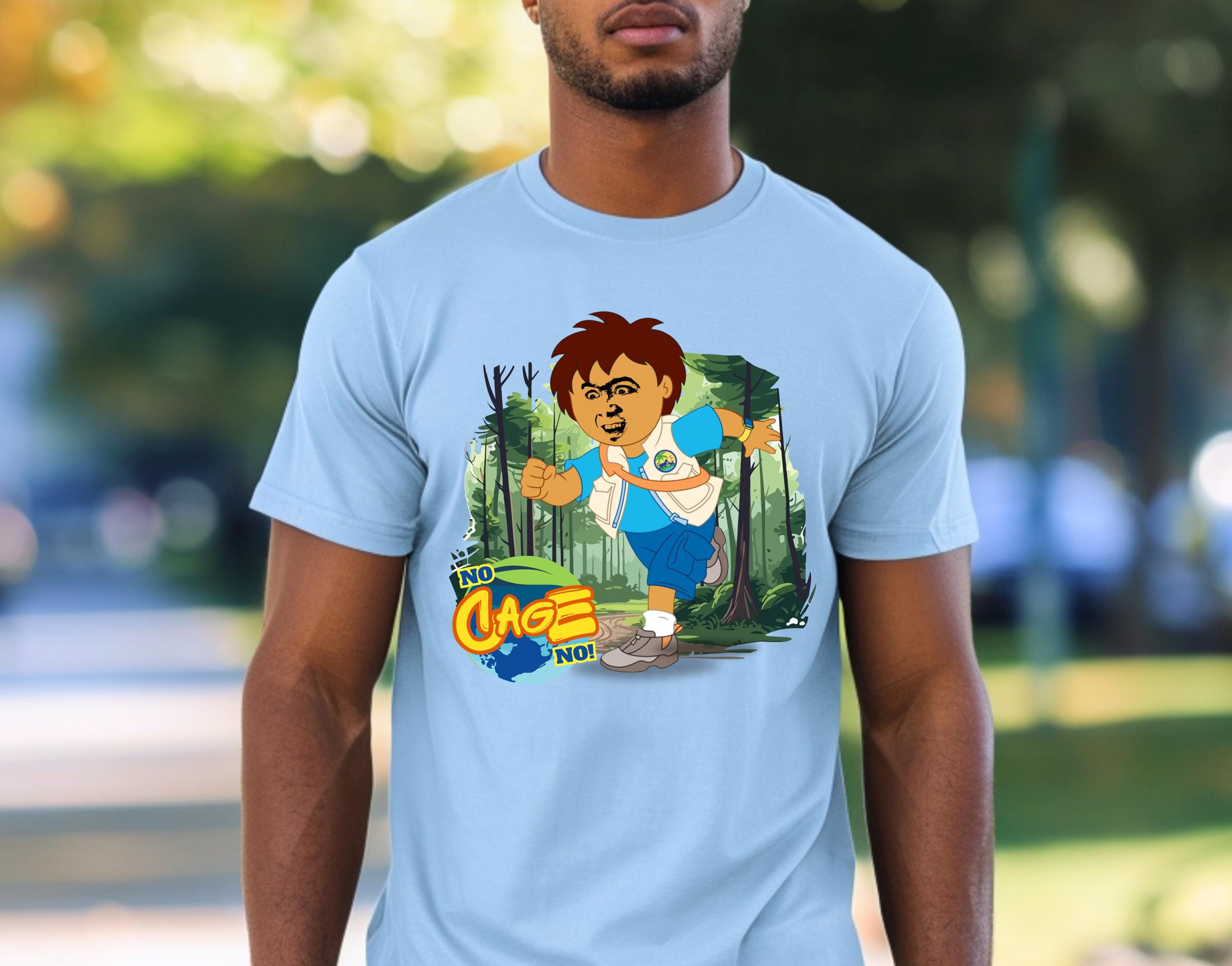 No Cage No Cartoon T-shirt, Go Diego Go Parody Shirt, Children Adventure Show Meme Tee, Nickelodeon Humor Wear, Nicolas Cage Comedy Tshirt