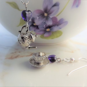 Tea Cup, Teapot, Glass Heart, Earrings, Tea Lover's Gift