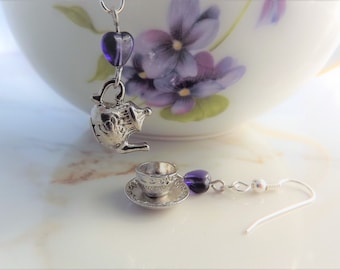 Tea Cup, Teapot, Glass Heart, Earrings, Tea Lover's Gift