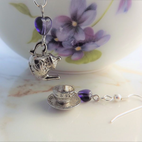 Tea Cup, Teapot, Glass Heart, Earrings, Tea Lover's Gift