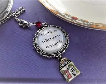 Home Is Where My Tea Cup Is, Tea Cup Charm With Tea Strainer,  Tea Party Favor, Loose Leaf Tea Accessory, Tea Party Favour