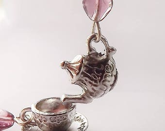 Silver Teapot Earrings: Purple Heart Dangle Earrings, Tea Party Jewelry