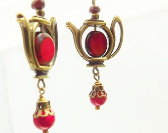 Cheerful, Red, Tea Pot,  Dangle Earrings