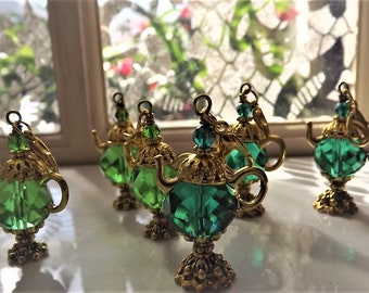 Green Crystal Tea Pot Charms, Tea Cup Charms, Tea Lovers Gift, Loose Leaf Tea Accessories, Tea Party Favour