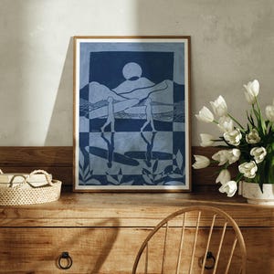 LOS SURFERS - Impresión artística de pareja surfista hippie, póster bohemio, naturaleza, aventurero, océano, montaña, decoración de pared, pasión por los viajes, linograbado, arte hecho a mano