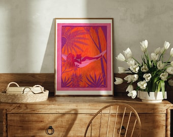 HAZY HAMMOCK - poster print relaxing jazzy funky boho fine art print tropical hippie girl travel wall decor earthy art