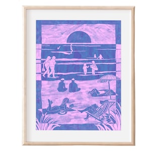 BEACH BUMS - violetter Kunstdruck Wanddeko Hippie Strand Tag boho Surf ozean Urlaub Dekor pastellfarben