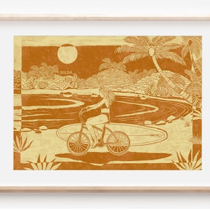 BICICLETA DE PLAYA - Impresión artística, póster bohemio de surf, playa, hippie, longboard, chica surfista, pasión por los viajes, océano, decoración de pared minimalista, linograbado, arte hecho a mano