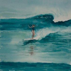 May include: Watercolor painting of a person surfing a wave. The person is wearing a dark blue swimsuit and standing on a white surfboard. The wave is a vibrant turquoise color, and the sky is a pale blue. The word "ONDA" is written in the bottom left corner.