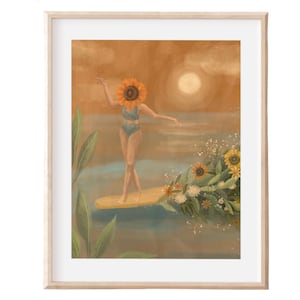 OLA DE FLORES - Póster de océano con diseño floral de surf, impresión artística, decoración de pared vintage, ilustración retro, impresión artística bohemia, decoración yogui, girasol