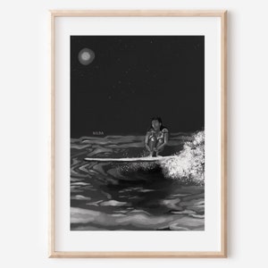 Moon Glider - Fine Art Surf Kunstdruck Schwarzweiß Ozean Illustration Long Boarding Single Flosse Minimalistisches Wanddekor beachy Girl Poster