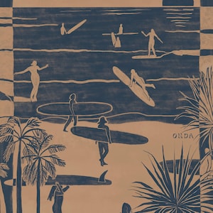 SURF BUMS - Impresión artística azul con escena de surf, decoración de pared de playa de California, póster de verano sin fin, decoración de pared hippie tropical, arte hecho a mano