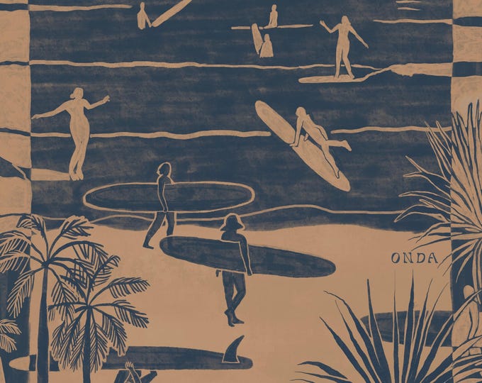 Surf Bums , Blue Surf Scene Art Print – California Beach, Tropical Wall Decor