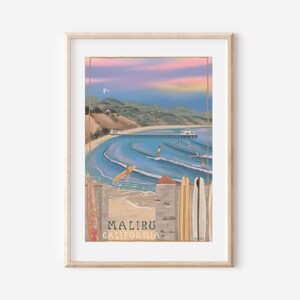 Póster de surf bohemio con diseño de océano de Malibú, California, con longboard, decoración de pared, acuarela retro vintage, arte de playa oceánica.