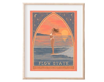 May include: A digital illustration of a woman in a white swimsuit standing on a surfboard in the ocean at sunset. The background is a blue and orange gradient with stars and a crescent moon. The text "FLOW STATE" is written in gold lettering at the bottom of the image.