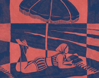 Beach Day Art Print – Vintage Retro Sunbathing Wall Decor, Boho Poster