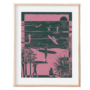 SURF BUMS - scène de surf rose, plage de Californie, impression d'art, affiche de plage de l'océan, décoration murale tropicale, esprit d'aventure, art fait main